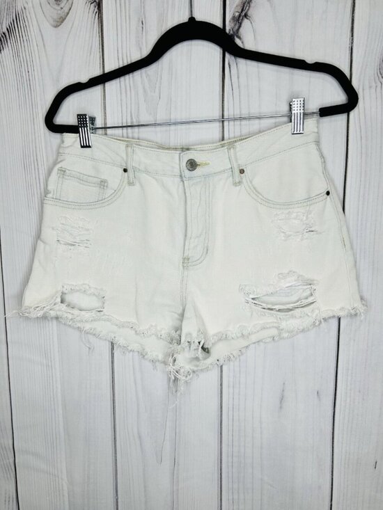 PacSun Pants - Pacsun Light Wash Jean Shorts Sz 28 Mid Rise Blue Distressed Button Fly Raw Hem